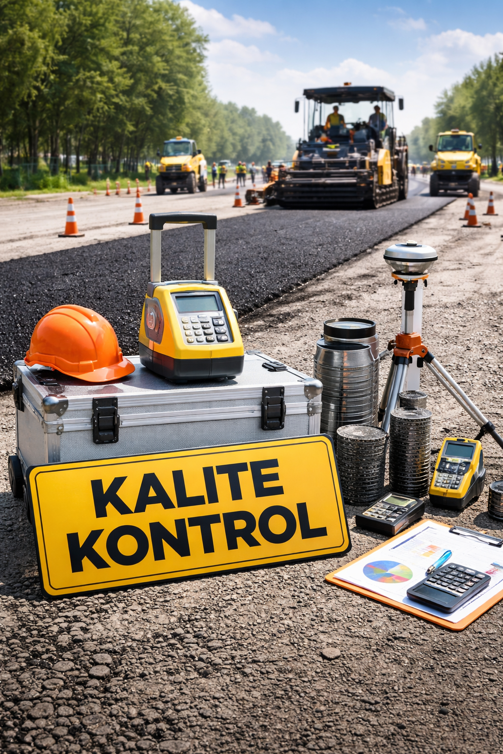 Kalite kontrol sahada — asfalt yüzey muayenesi ve test ekipmanları
