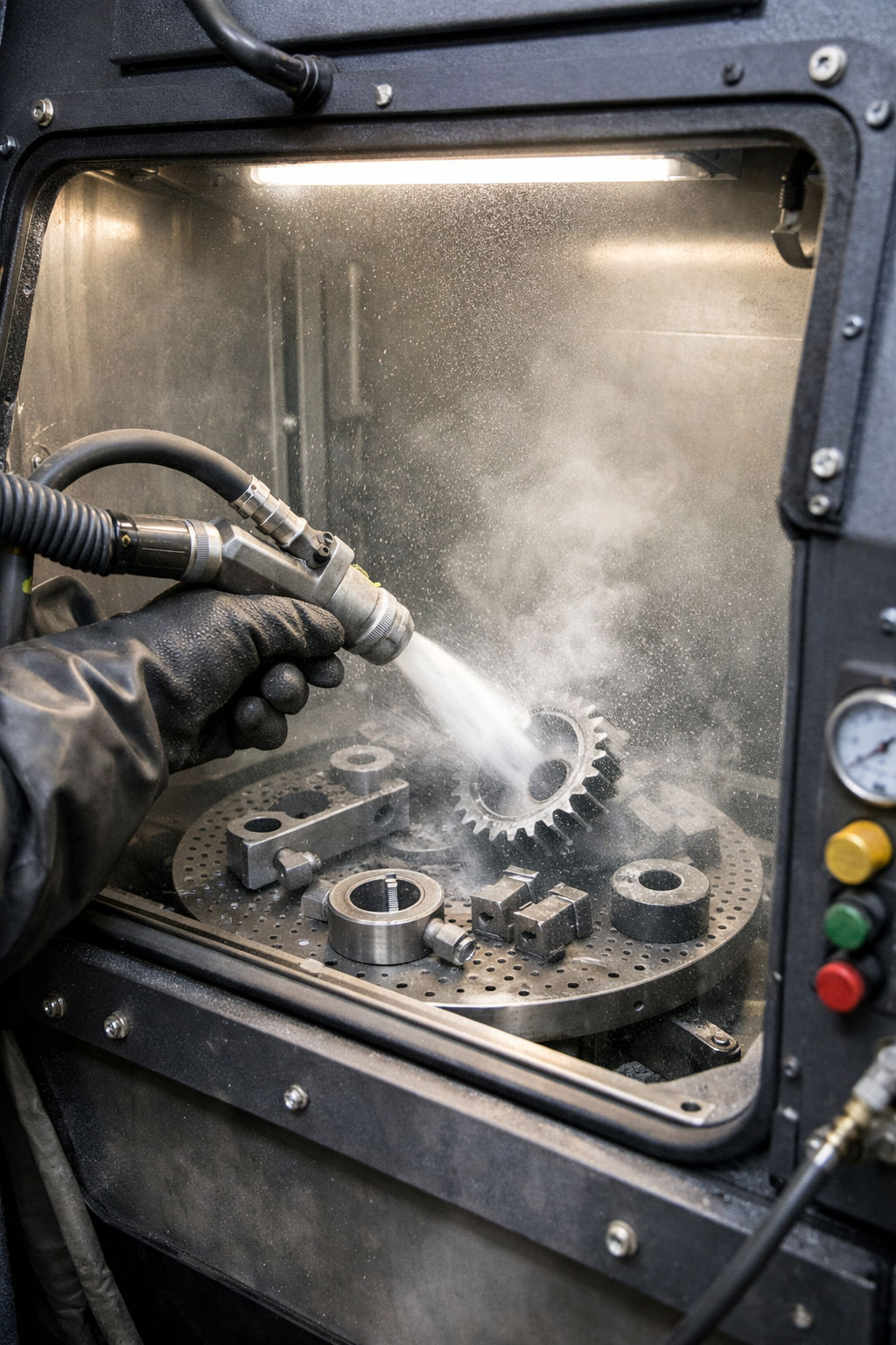 Kumlama kabini içi — dişli ve makine parçaları temizleme